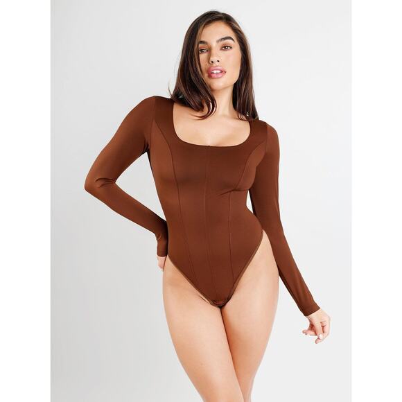 Popilush The Shape Wear Long Sleeve Thong Slimming Bodysuit In Brown, Size Large - Picture 1 of 10